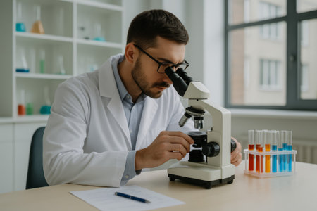 A focused scientist observes a sample using a microscope in a laboratory environmentの素材