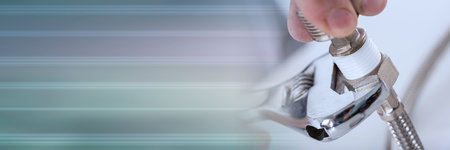 Plumber screwing plumbing fittings, closeup; panoramic bannerの写真素材