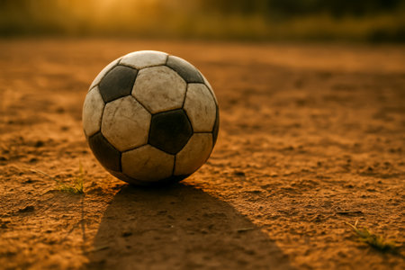 A close-up view of a weathered soccer ball resting on dusty field during sunsetの素材
