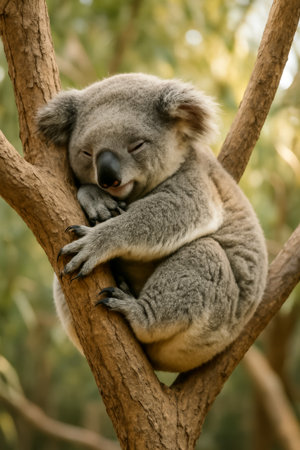 A sleepy koala resting on a tree branch surrounded by greenery in a tranquil settingの素材