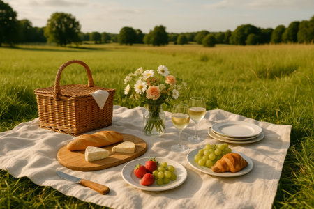 A charming picnic setup featuring food, drinks, and flowers in a sunny meadowの素材