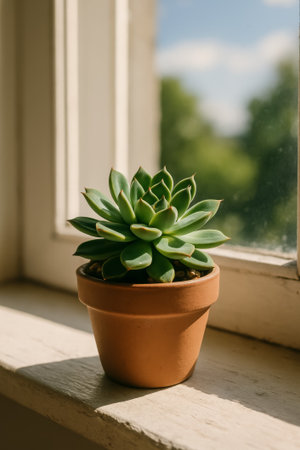 A beautiful succulent in a terracotta pot sitting on a sunlit windowsillの素材