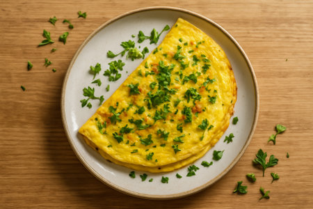 A beautifully presented omelet topped with fresh herbs on a wooden surfaceの素材