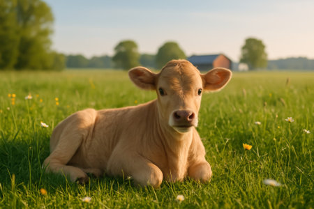 A young calf resting in a vibrant green field filled with wildflowers and sunshineの素材