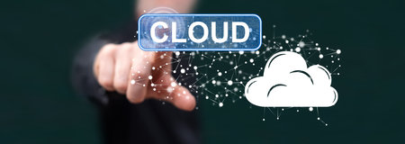 Man touching a cloud concept on a touch screen with his finger