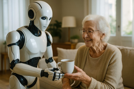 A robot presents a coffee cup to a smiling elderly woman in her living roomの素材