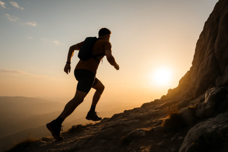 A silhouette of an athlete running up a rocky mountain during sunsetの素材