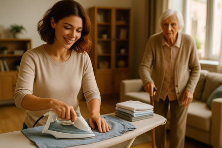 A young woman smiles while ironing clothes, with an elderly woman in the backgroundの素材