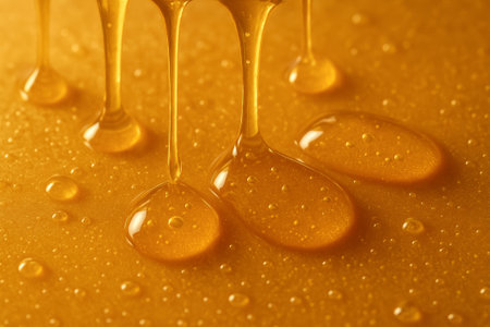 A close-up shot of golden honey dripping and pooling, showing its texture and shineの素材