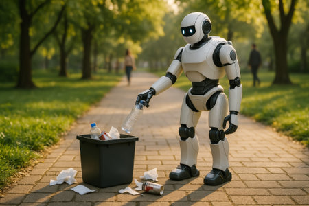 A robot is picking up litter in a park, promoting cleanliness and eco-friendlinessの素材