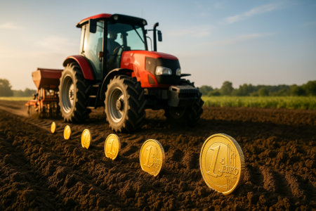 A tractor plants seeds in a field lined with golden coins representing prosperity in agricultureの素材
