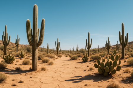 A stunning desert landscape showing tall cacti and vibrant vegetation under a blue skyの素材