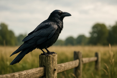 A black crow perched on a wooden fence post in a serene landscapeの素材