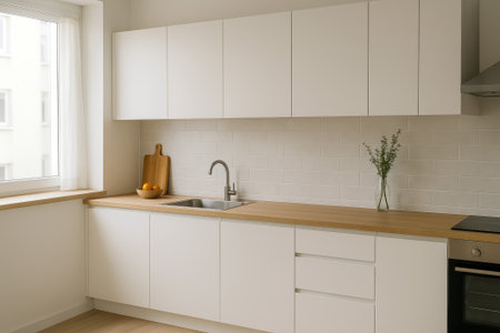 A bright and minimalist kitchen featuring a wooden countertop and elegant decor elementsの素材