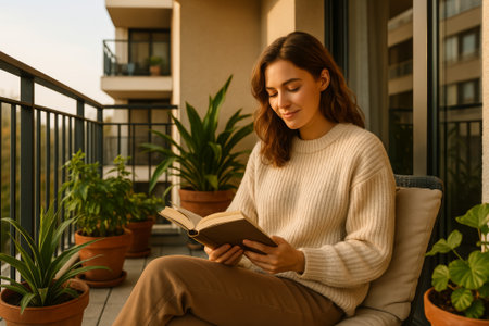 A young woman enjoying a book while sitting on a balcony filled with greeneryの素材