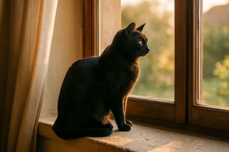 A black cat looking out the window during sunset, showing its beautiful featuresの素材