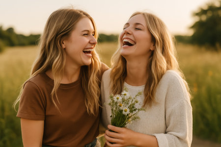 Two joyful young women laughing while holding flowers in a sunlit field during sunsetの素材