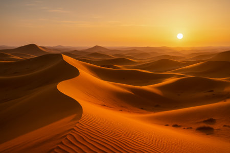 A stunning sunset illuminating the rolling sand dunes in a vast desert landscapeの素材