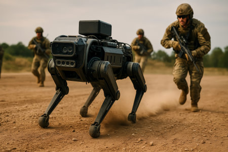 A military robot dog assists soldiers during a training exercise in a dusty environmentの素材