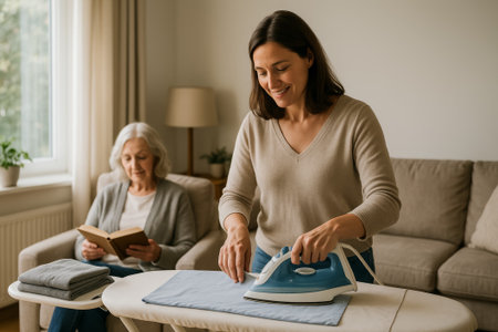 A woman is ironing clothes in a bright living room while an elderly woman reads a bookの素材