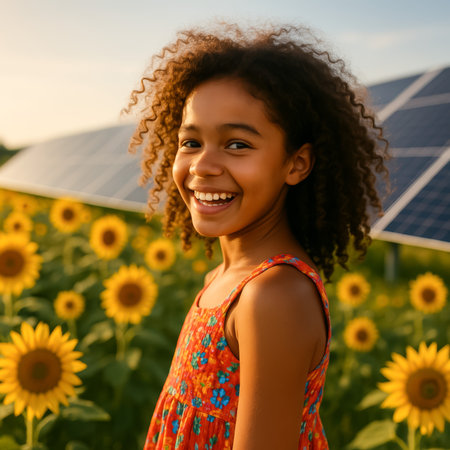 A joyful girl wearing a floral dress smiles in a sunflower field with solar panelsの素材