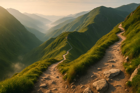 A tranquil mountain landscape featuring a winding path amidst lush greenery and distant peaksの素材