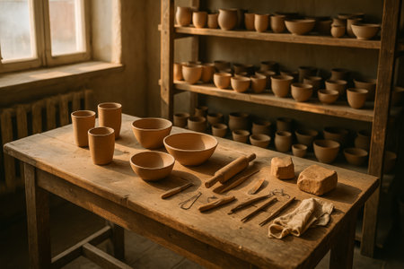 A pottery workspace featuring clay bowls, tools, and natural light illuminating the sceneの素材