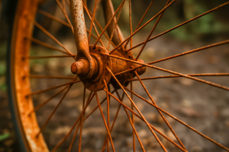 A close-up view of a rusty bicycle wheel showing its spokes and hub detailsの素材