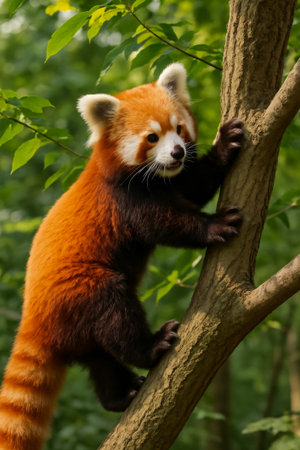 A red panda climbs a tree amidst green leaves in its natural habitatの素材