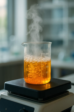 A laboratory beaker containing a steaming orange solution simmering on a hot plateの素材