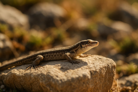 A lizard resting on a rock under warm sunlight, surrounded by natural greenery and texturesの素材