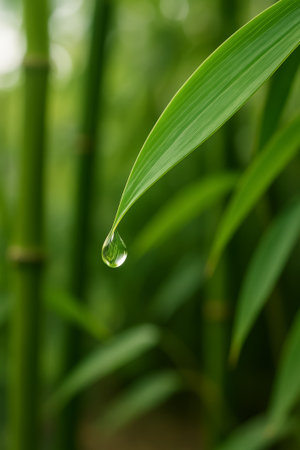 A close-up of a water droplet suspended on a green bamboo leaf in a lush environmentの素材