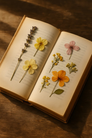 Beautifully pressed flowers displayed in an open book, showcasing nature's delicate artistryの素材