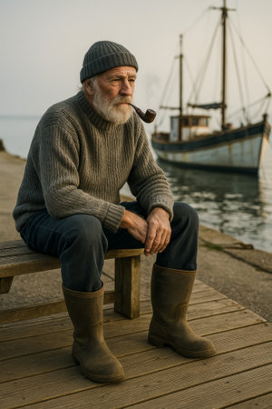 A mature man relaxes by the sea, smoking a pipe and reflecting thoughtfully on lifeの素材
