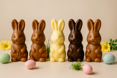 A display of chocolate bunnies in various colors with easter eggs and flowersの素材