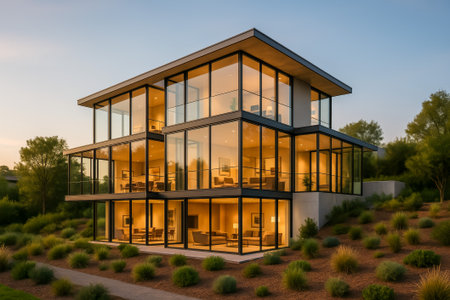 A stunning modern glass house highlighted by warm lighting against a beautiful sunset backdropの素材
