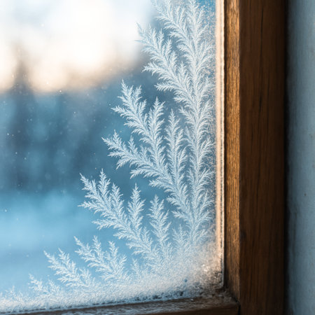 Intricate frost patterns on a windowpane captured in a serene winter settingの素材
