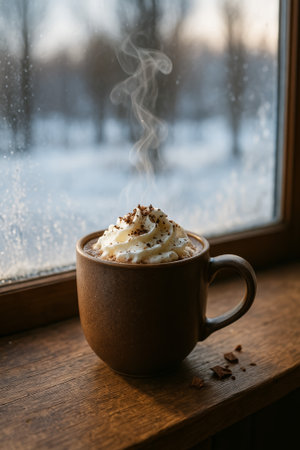 A cozy cup of hot chocolate topped with whipped cream sits by a frosty windowの素材