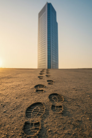 A series of footprints in the sand leading towards a tall building during sunsetの素材