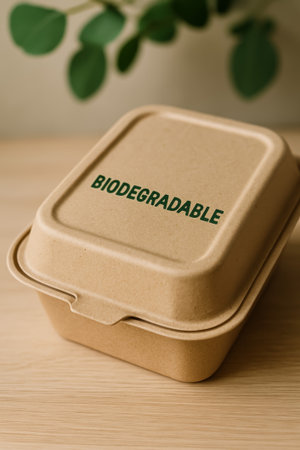 A biodegradable container placed on a wooden table, labeled 'biodegradable', with green foliage behindの素材