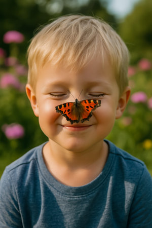 A smiling young boy has a butterfly resting on his nose in a vibrant gardenの素材