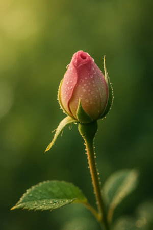 A stunning pink rosebud covered in dew drops, reflecting soft sunlight and nature's beautyの素材