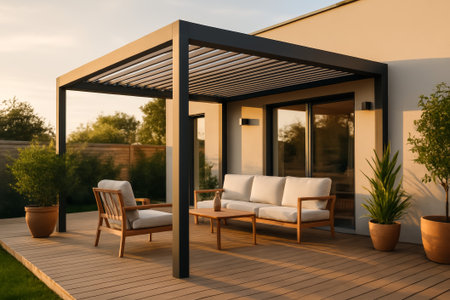 A serene patio features modern seating, plants, and warm lighting during sunsetの素材