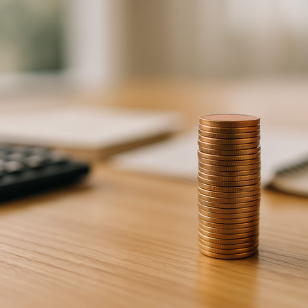 A stack of coins on a wooden desk with a calculator and notepad in the backgroundの素材