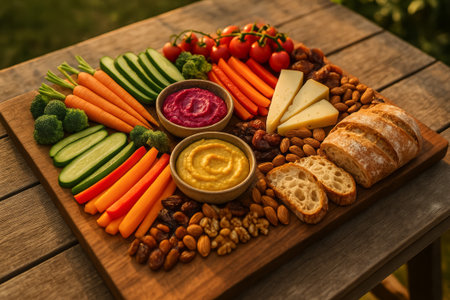A vibrant platter featuring fresh vegetables, dips, cheese, nuts, and bread on a wooden tableの素材