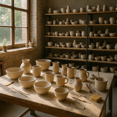 A variety of handcrafted pottery pieces arranged on a table in a cozy studioの素材