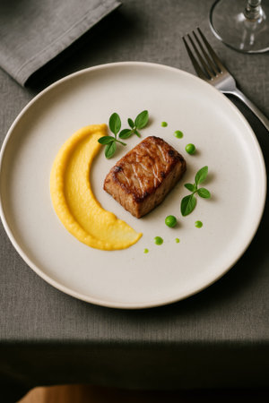 A gourmet dish featuring seared meat paired with smooth, vibrant mashed potatoes and fresh herbsの素材