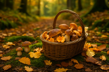 A basket filled with fresh mushrooms sits among colorful autumn leaves in the forestの素材