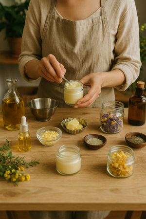 A woman mixes creamy ingredients for skincare while surrounded by natural elements and jarsの素材