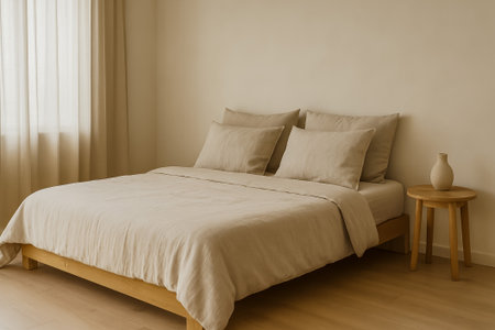 A tranquil bedroom featuring beige bedding, a wooden bed frame, and soft natural lightの素材